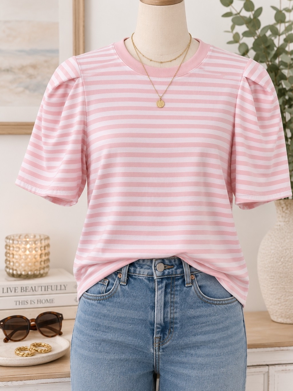 Women’s Pink & White Striped Puff Sleeve Tee